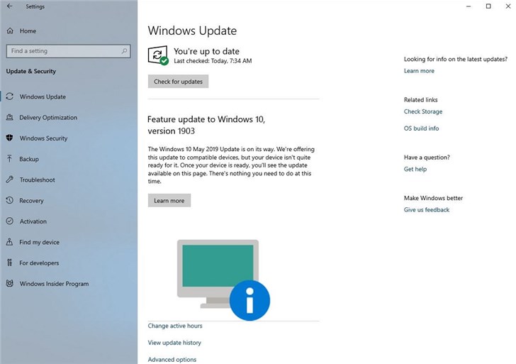 微軟推送Windows 10 1903版更新，設(shè)備不兼容時會通知提醒