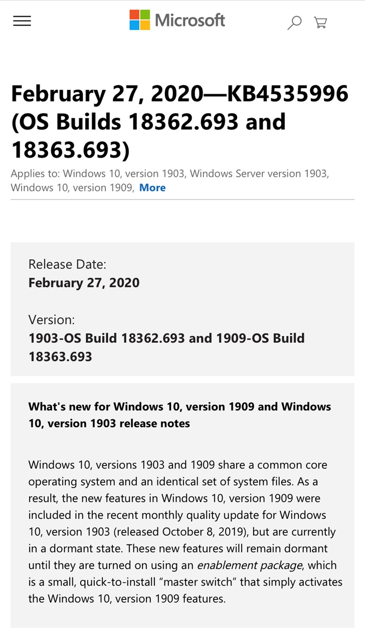 微軟推送Windows 10版本1909 KB4535996累積更新