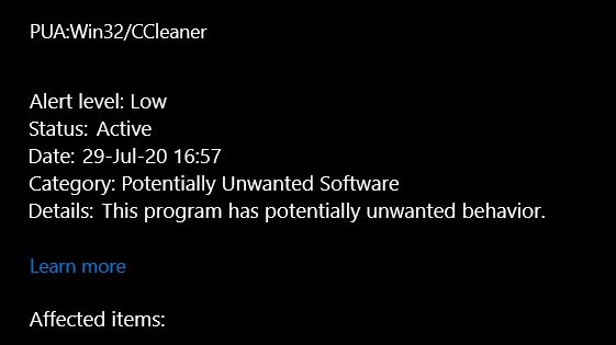 微軟 Win10 Defender 將 CCleaner 標注為潛在有害應用程序