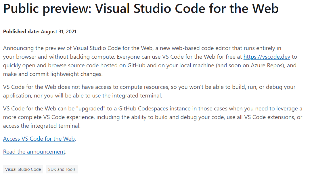 微軟低調(diào)發(fā)布 Visual Studio Code for the Web 預(yù)覽
