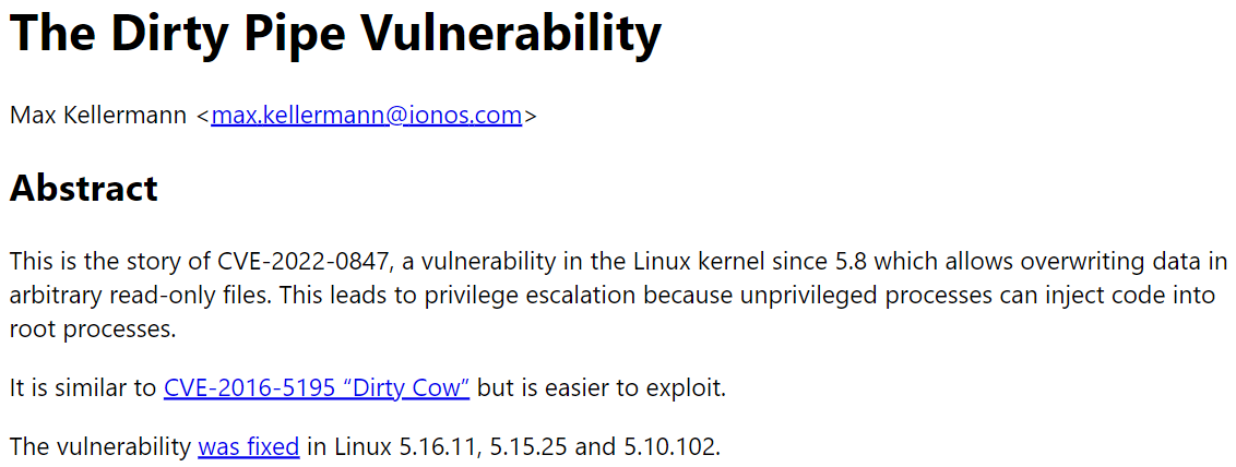 Linux 內核最新高危提權漏洞：臟管道 (Dirty Pipe)